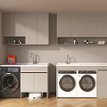 Modern Laundry Room With Two Washing Machines Cabinets And Sink