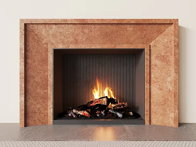 Elegant Modern Fireplace Interior With Textured Marble Surround And Burning Wood Logs 3d model