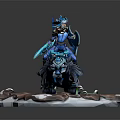Game and Movie Character Warrior In Blue Armor Riding Frost Wolf On Snowy Rock Base