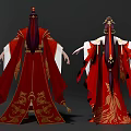 Chinese Ancient Male and Female Living Characters in Red Traditional Costumes with Golden Patterns