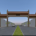Traditional Chinese Memorial Archway With Wide Road Central Lawn And Trees On Both Sides