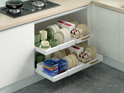 Neatly Organized Kitchen Drawer Storage With Plates Bowls Cups And Containers 3d model
