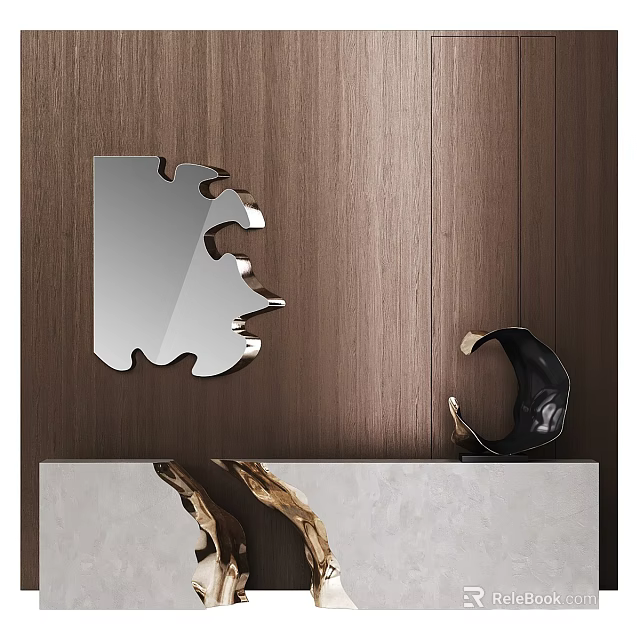 Elegant Modern Reception Background Wall With Wooden Paneling And Decorative Mirror 3d model