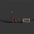 Traditional Gondola With Red Interior Wooden Oar Green Lamp Small Table Red Chair And Wooden Railing