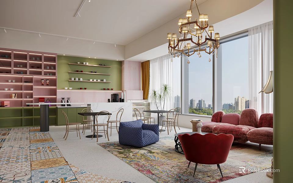 Modern Living Room Interior With Large Windows City View Chandelier Colorful Sofas And Area Rugs 3d model 