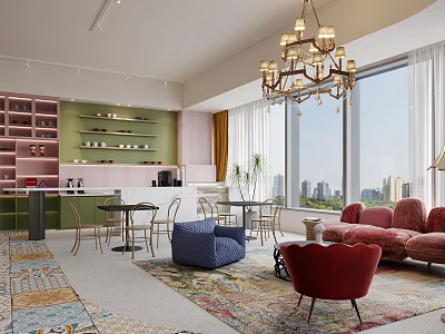 Modern Living Room Interior With Large Windows City View Chandelier Colorful Sofas And Area Rugs 3d model