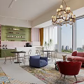 Modern Living Room Interior With Large Windows City View Chandelier Colorful Sofas And Area Rugs