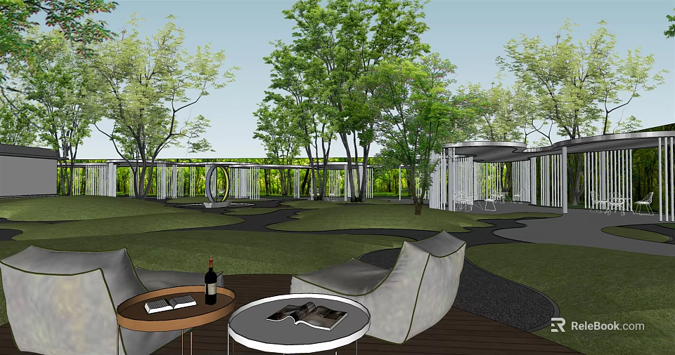 Residential Landscape Design Featuring Outdoor Seating Tables Lush Trees And Green Lawn 3d model 