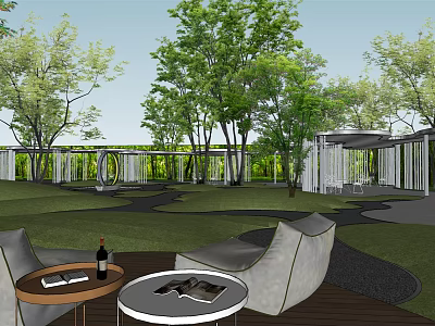 Residential Landscape Design Featuring Outdoor Seating Tables Lush Trees And Green Lawn 3d model