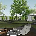Residential Landscape Design Featuring Outdoor Seating Tables Lush Trees And Green Lawn