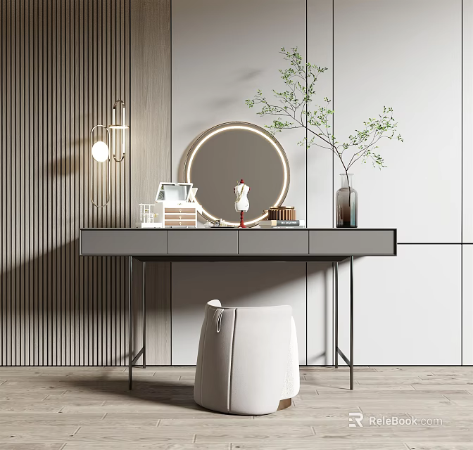Modern Dressing Table With Round Mirror Table Lamp Vanity Stool And Decorative Items 3d model