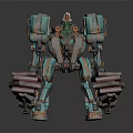 Rusted Teal And Orange Mechanical Character With Red Arm Structures And Mechanical Design