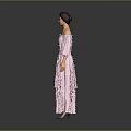 Elegant Female 3D Character Model With Pink Off Shoulder Layered Long Dress Design