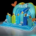 Scenic Deep Blue Mountain Sea Themed Photo Spot with Waves Colorful Columns and Seagull Decor