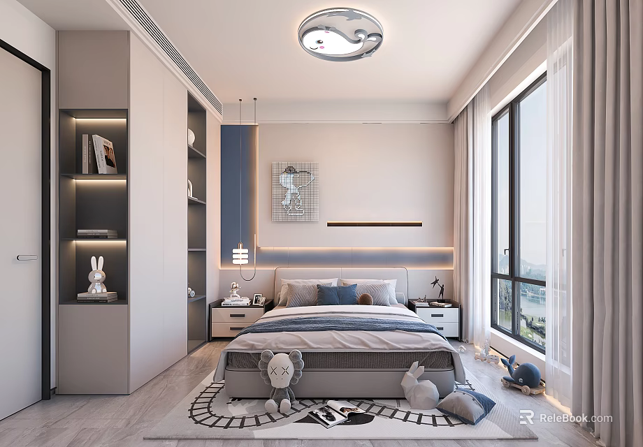 Modern Kids Room Interior With Bed Wardrobe Nightstands Stuffed Toys And Large Window 3d model 