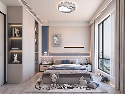 Modern Kids Room Interior With Bed Wardrobe Nightstands Stuffed Toys And Large Window 3d model