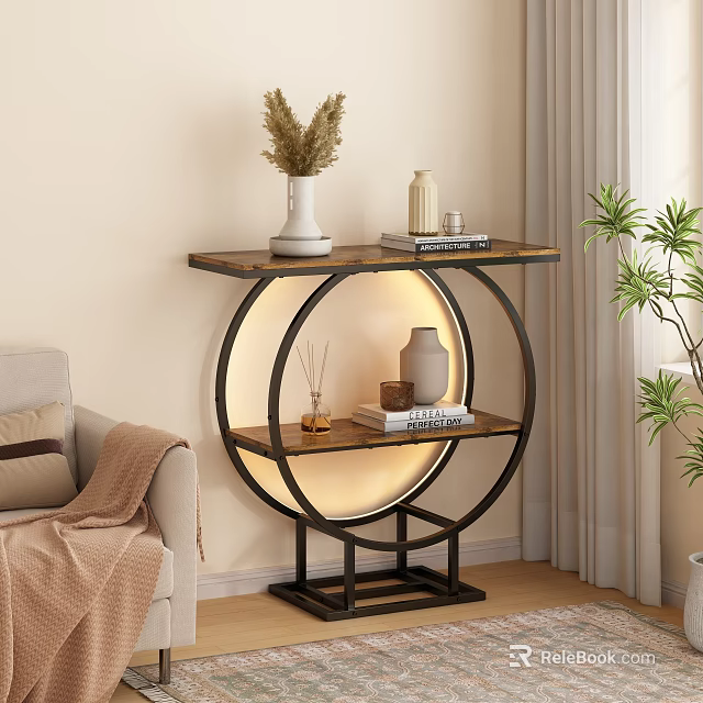 Modern Entryway Console Table With Round Illuminated Design Marble Top Decorative Vase And Books 3d model 