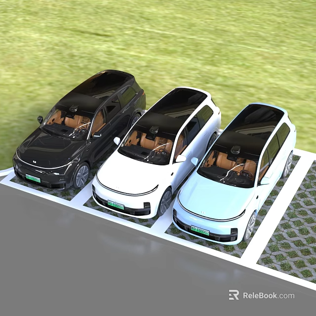 Three SUV Cars Black White Light Blue Parked On Grass With Black Roofs Brown Seats 3d model 