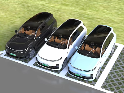 Three SUV Cars Black White Light Blue Parked On Grass With Black Roofs Brown Seats 3d model