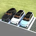 Three SUV Cars Black White Light Blue Parked On Grass With Black Roofs Brown Seats