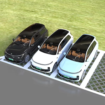 Three SUV Cars Black White Light Blue Parked On Grass With Black Roofs Brown Seats 3d model