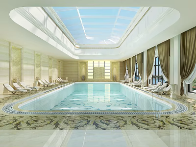 Luxurious Indoor Swimming Pool With Skylight Marble Walls And Lounge Chairs 3d model