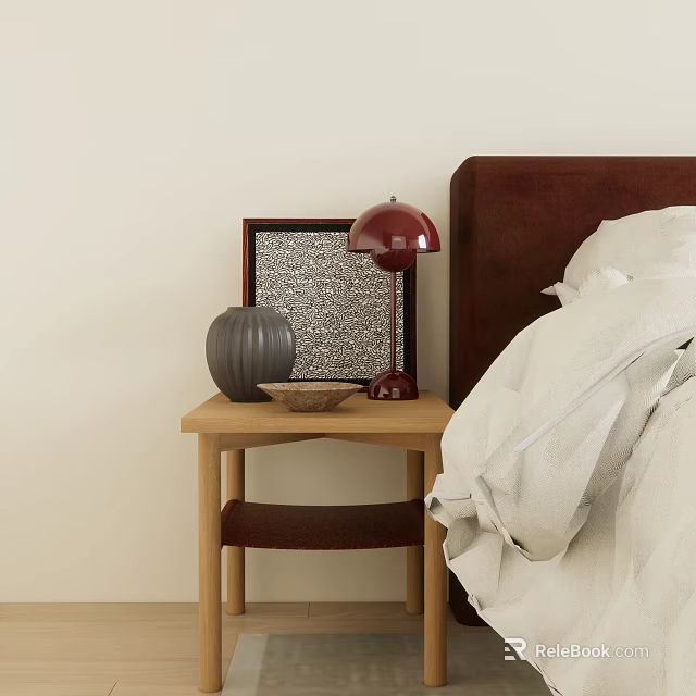 Wooden Bedside Table With Red Lamp Gray Vase And Picture Frame Next To Bed 3d model 