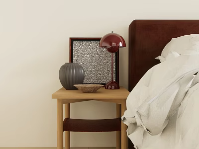 Wooden Bedside Table With Red Lamp Gray Vase And Picture Frame Next To Bed 3d model