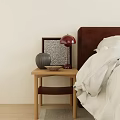 Wooden Bedside Table With Red Lamp Gray Vase And Picture Frame Next To Bed