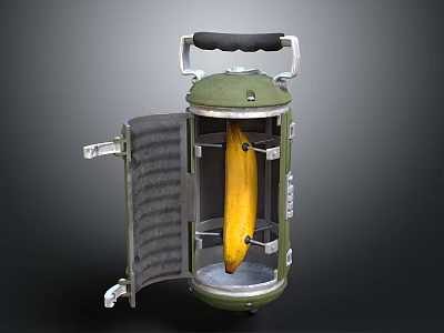 Yellow Banana Securely Held Inside Open Green Protective Storage Container With Handle 3d model