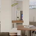 Modern Open Dining and Living Room With Wooden Table Sofa Green Plants and Natural Light