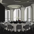Modern Private Dining Room With Round Table Wine Glasses Flower Vase And Large Windows