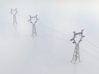Industrial Equipment High Voltage Transmission Towers With Power Lines In Foggy Environment 3d model
