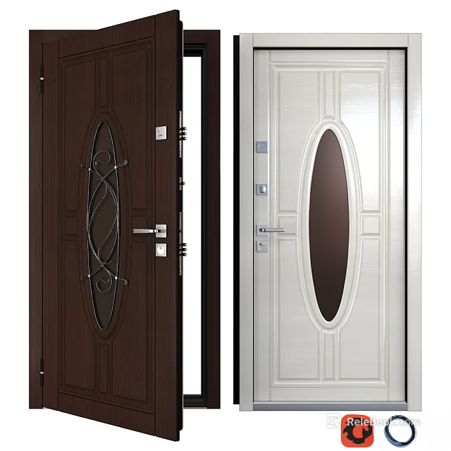 Dark Brown and White Hinged Doors with Oval Glass Panels and Metal Handles 3d model 
