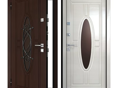 Dark Brown and White Hinged Doors with Oval Glass Panels and Metal Handles 3d model