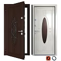 Dark Brown and White Hinged Doors with Oval Glass Panels and Metal Handles