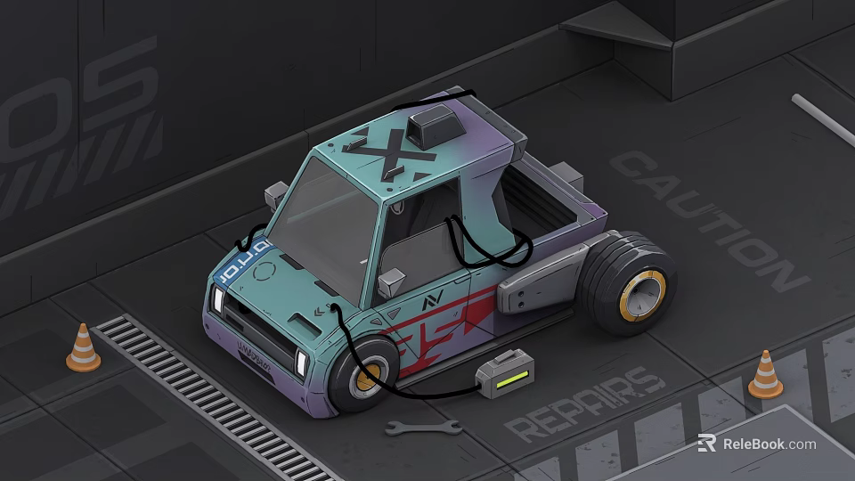 Cartoon Style Blue Green Purple Car In Repair Shop With Tools And Graffiti Design 3d model 
