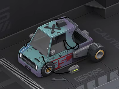 Cartoon Style Blue Green Purple Car In Repair Shop With Tools And Graffiti Design 3d model