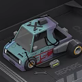 Cartoon Style Blue Green Purple Car In Repair Shop With Tools And Graffiti Design