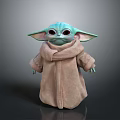 Baby Yoda Green Alien With Big Eyes In Brown Robe Standing On Dark Backdrop