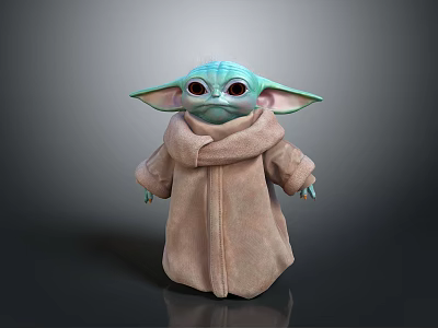 Baby Yoda Green Alien With Big Eyes In Brown Robe Standing On Dark Backdrop 3d model