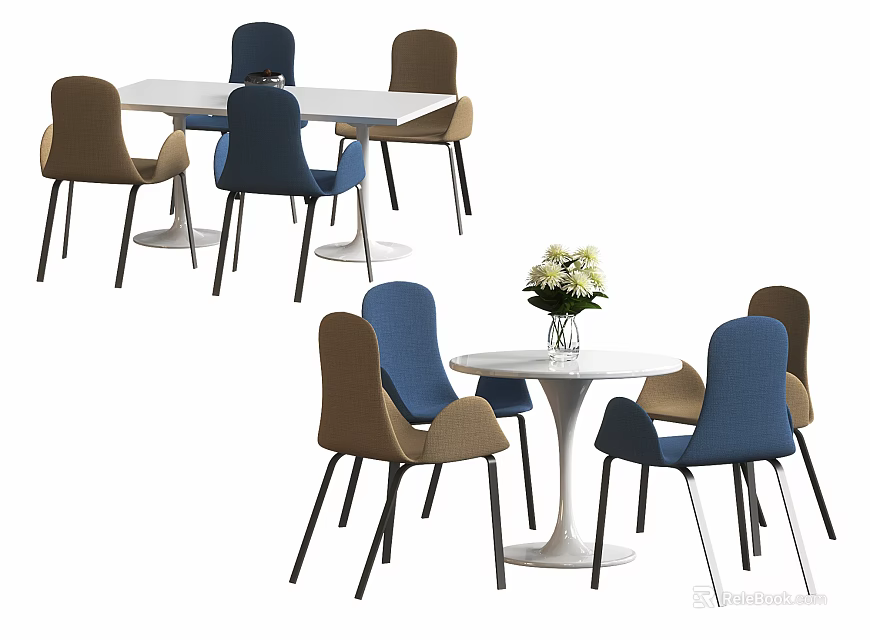Modern Table Chair Set With White Rectangular Round Tables Blue Brown Chairs And Flower Vase 3d model