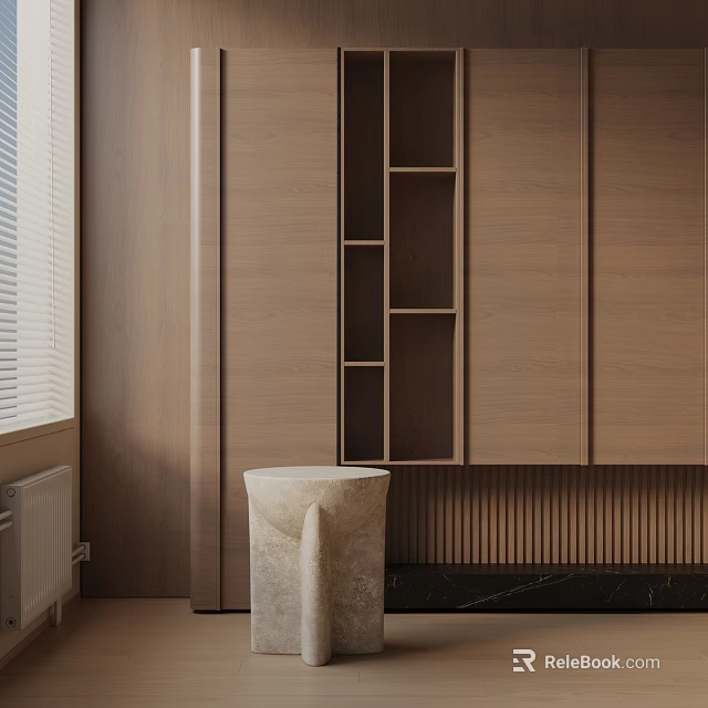 Elegant Minimalist Interior With Light Colored Side Table And Wooden Cabinets Open Shelves 3d model 