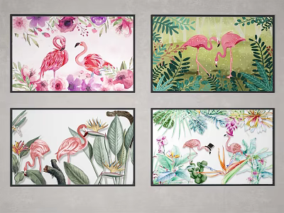 Flamingo Animal Paintings With Tropical Leaves Floral Elements And Green Backgrounds 3d model