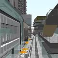 Modern Commercial Street With Pedestrians Red Pavement And Multi level Buildings
