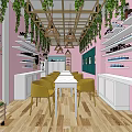 Beauty Hair Salon Interior With Pink Walls Wooden Floors Framed Photos And Hanging Green Plants