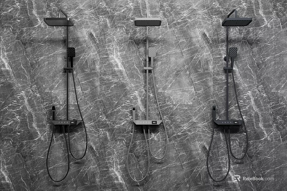 Three Modern Shower Systems Mounted On Grey Textured Wall Background 3d model 
