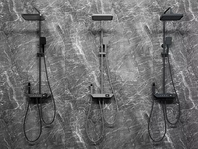 Three Modern Shower Systems Mounted On Grey Textured Wall Background 3d model