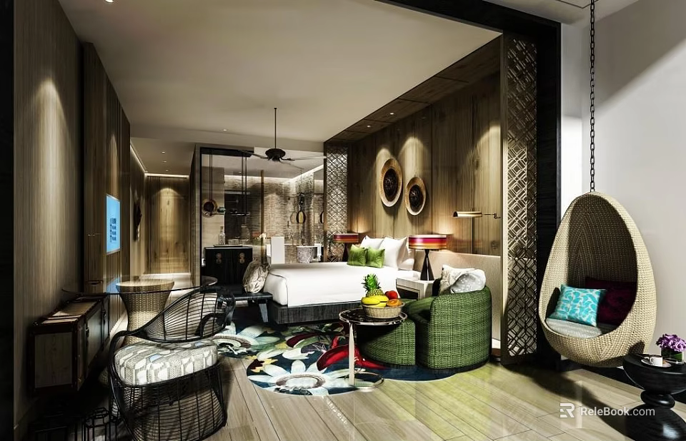 Modern Hotel Guest Room Interior With Wooden Walls Bed Accent Chairs And Decorative Rug 3d model 
