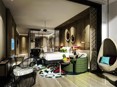 Modern Hotel Guest Room Interior With Wooden Walls Bed Accent Chairs And Decorative Rug 3d model